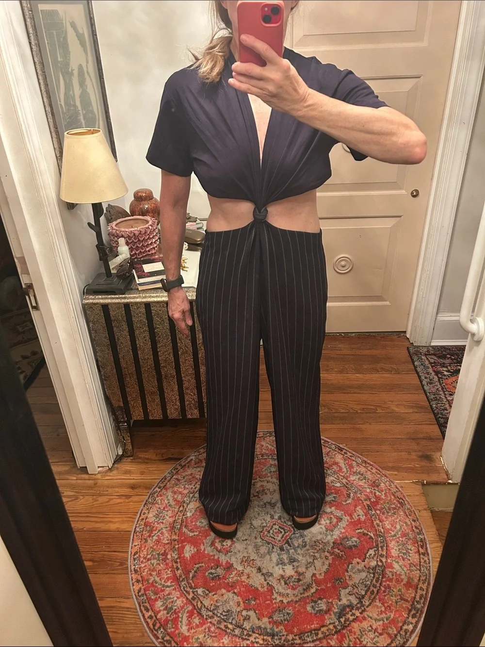 RARE!! DION LEE sz 6? Navy Pinstripe wide leg Cutout Jumpsuit with Front Knot_9